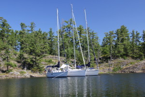 Rafted Sailboats at our second anchorage in McGregor - stories abound!