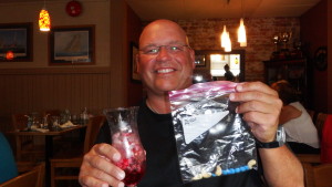 Roberts favorite gorp - Blue M&Ms & Cashews - delivered in a cocktail